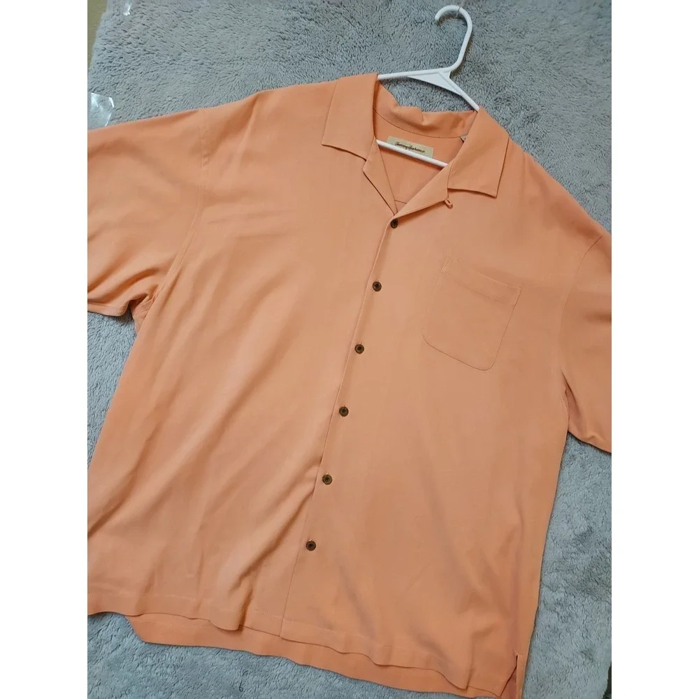 Tommy Bahama Shirt Mens 2XL XXL 100% Silk Loop Collar Orange Camp Beach Hawaiian